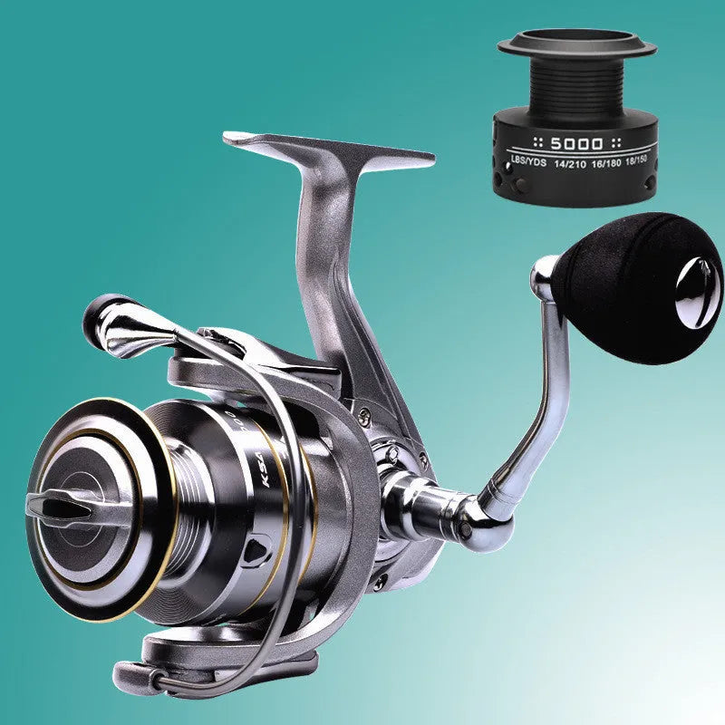 Silver sub fishing line wheel with metal body, folding rocker arm and copper gear bar, sizes KSA1000 to KSA5000.