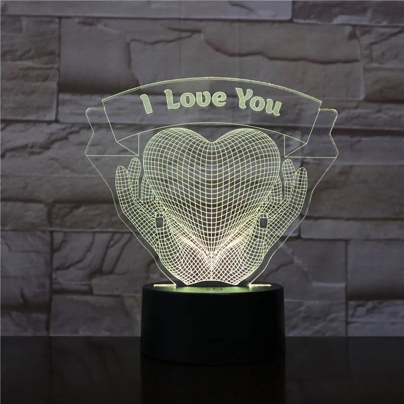 Valentines Day gift 3D night light showing hands holding a heart with seven colour options