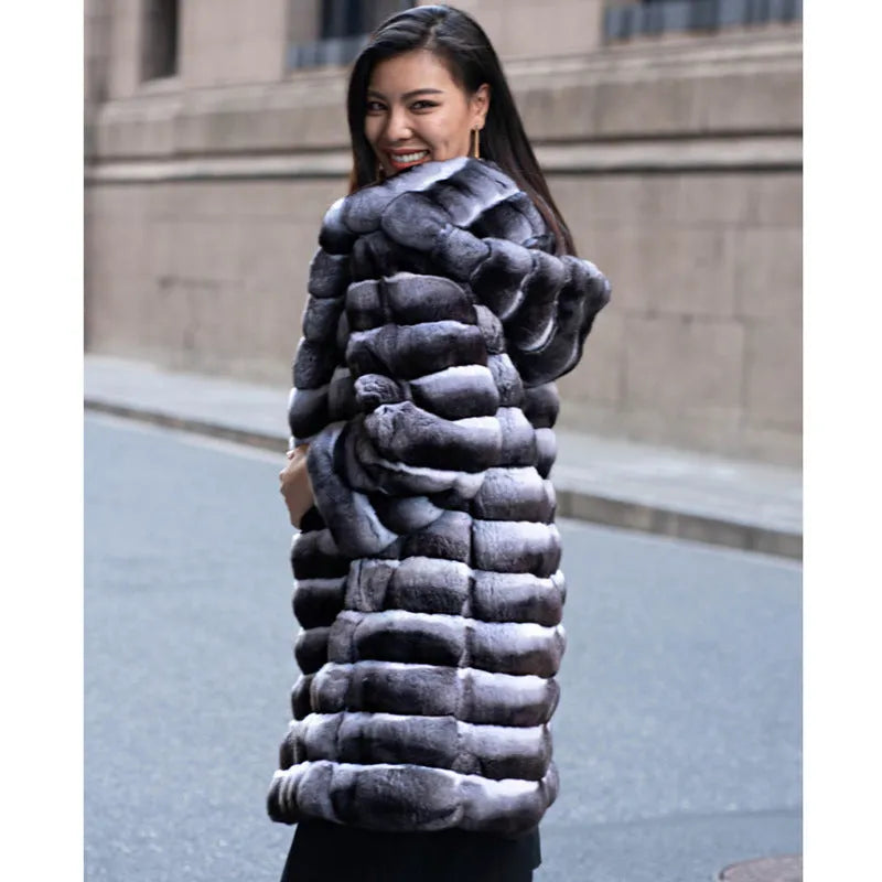 Women's zebra stripe pattern artificial mink fur overcoat with regular sleeves
