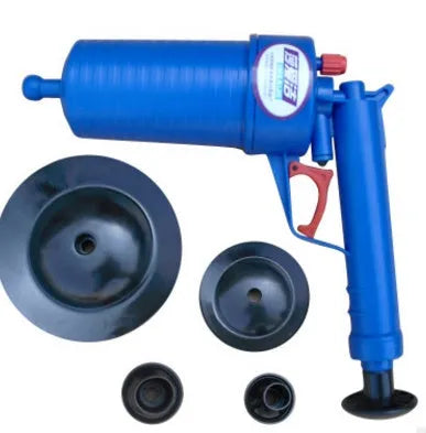 Plastic high-pressure drain blaster gun with handle and four different sized adaptor suckers for sink and toilet unblocking