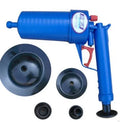 Plastic high-pressure drain blaster gun with handle and four different sized adaptor suckers for sink and toilet unblocking