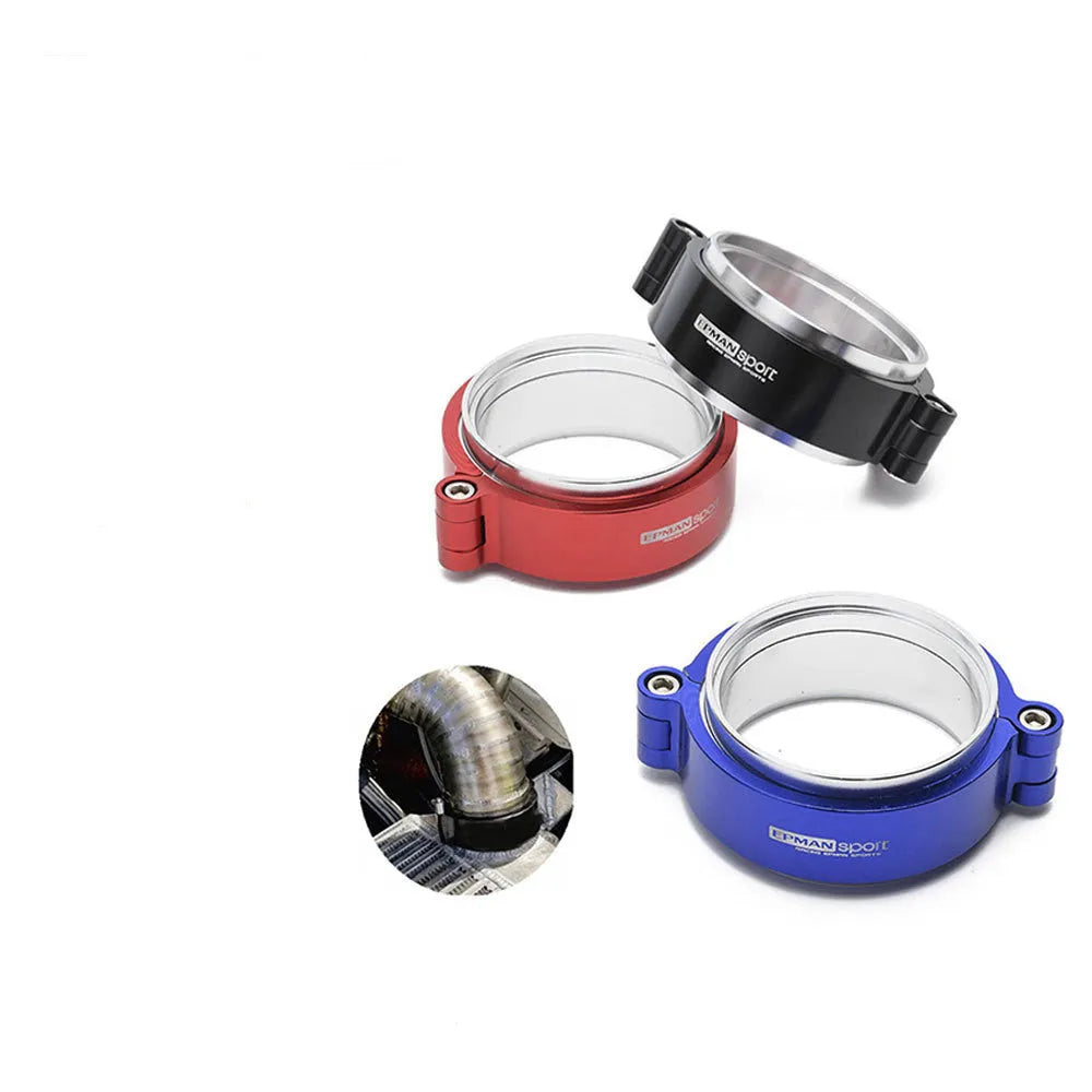 Aluminium fixed movement exhaust clamp for car turbo modification in black, blue, or red.
