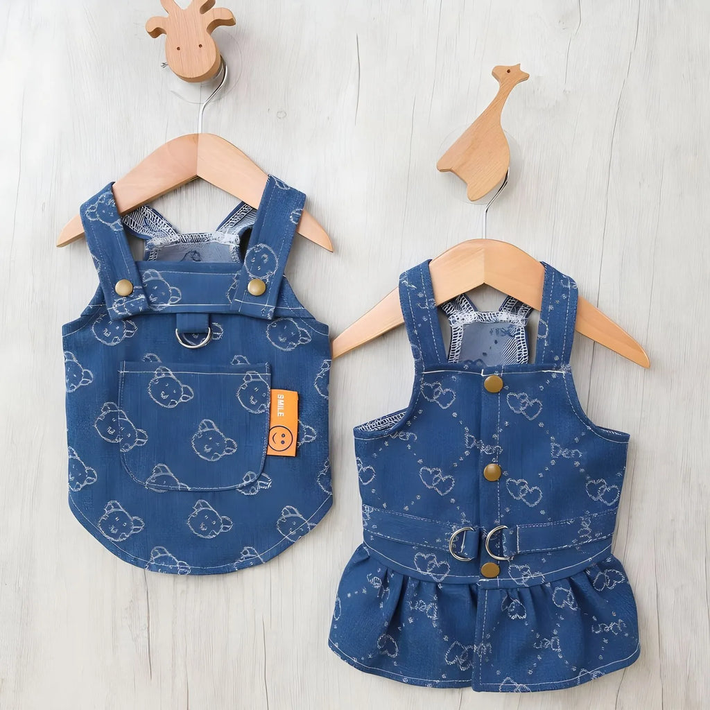 Blue denim princess dress for a small white dog, shown in brace-skirt and brace-T style variations.