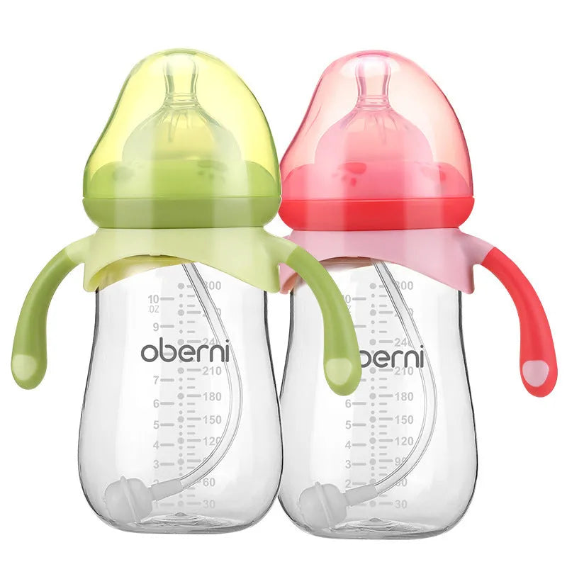 Blue wide caliber baby bottle with handles showing 240ml capacity marking