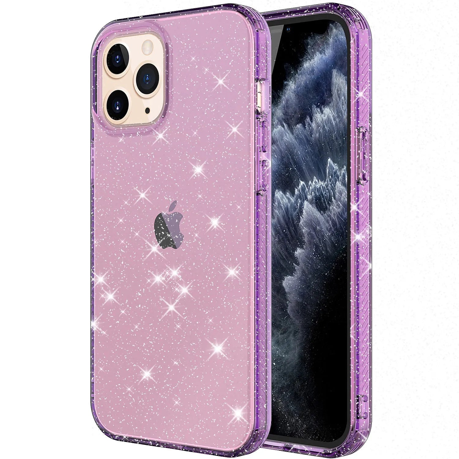 Glitter transparent TPU phone case for iPhone 12 Pro Max shown in pink, black, purple, and clear colours.