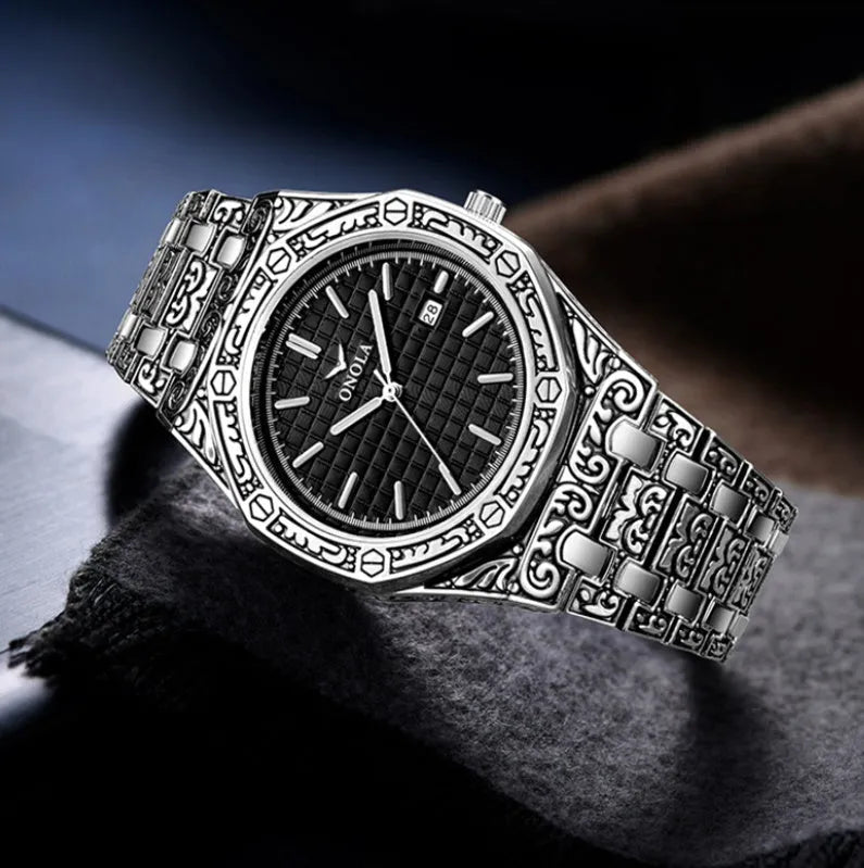 ONOLA vintage carved men's watch with golden alloy case, alloy steel band, 41.5mm dial, and butterfly buckle
