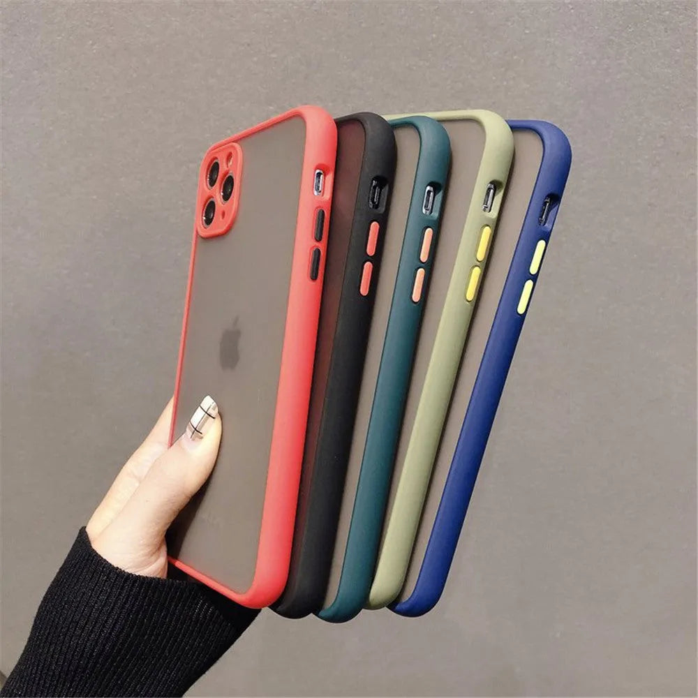 Transparent solid colour silicone shockproof protective case for iPhone on a dark background.