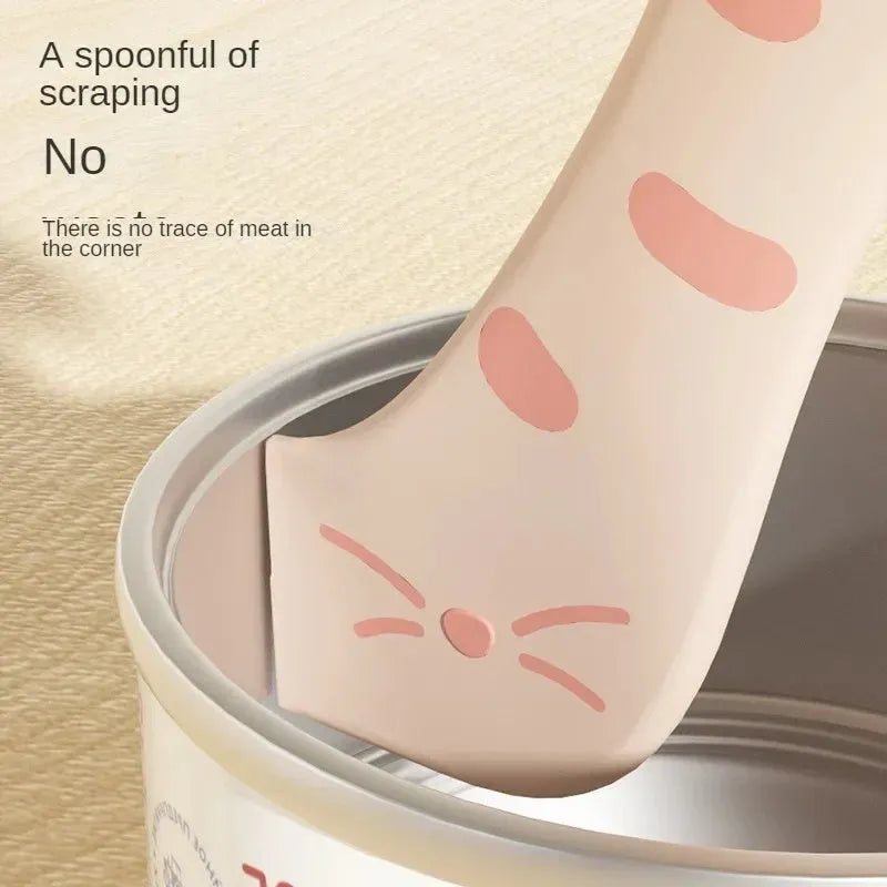 Silicone pet food spoon and airtight can lid set in grey, pink, or yellow for dog and cat wet food.