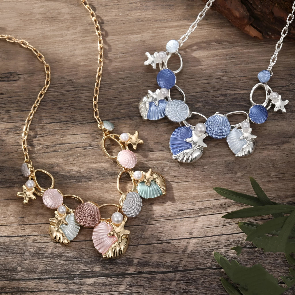 Blue shell starfish necklace with zinc alloy pendant on regular chain, 427cm circumference