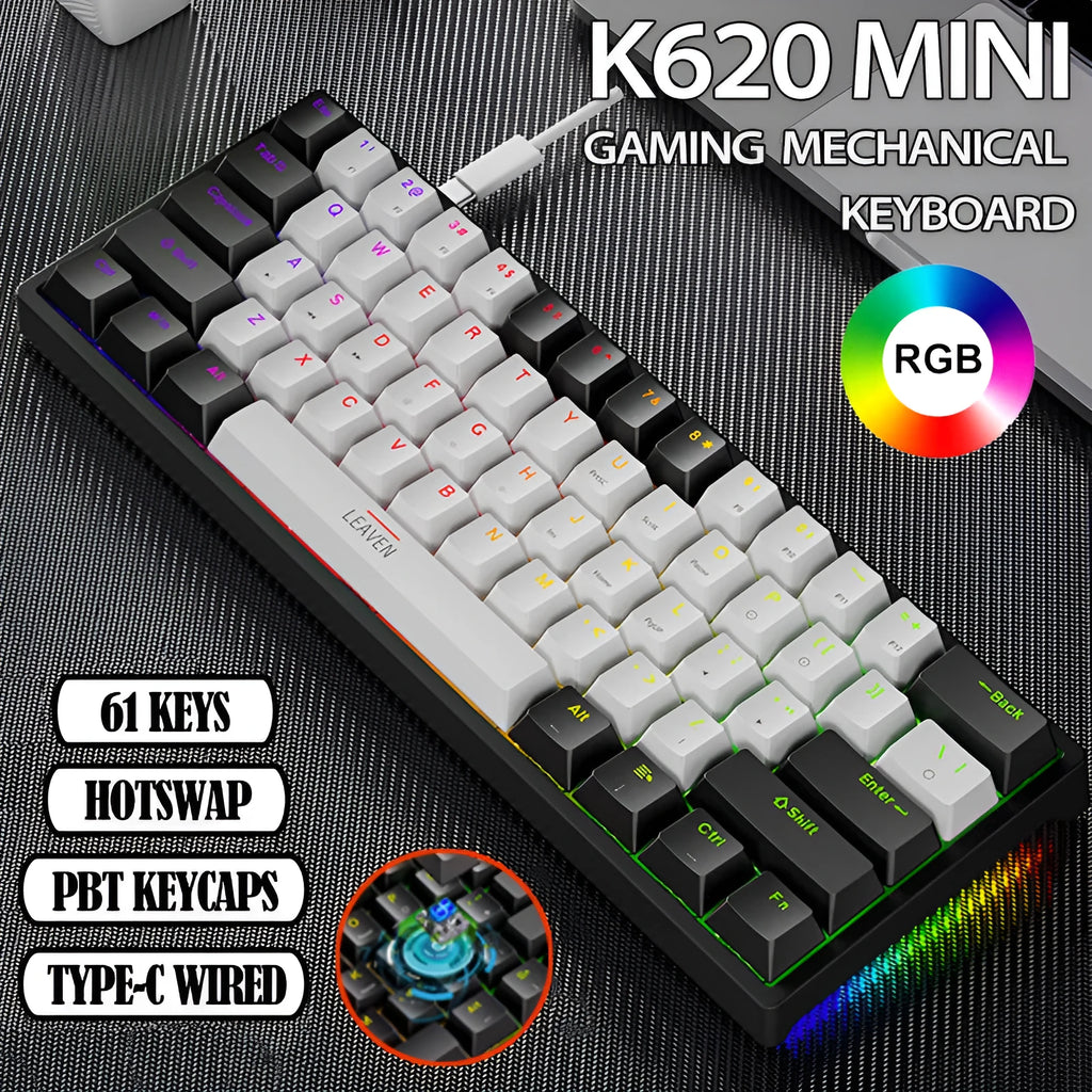 61-key mechanical keyboard, Type-C wired, seven-colour backlight, ABS body, 300x110x36mm, black blue pink white