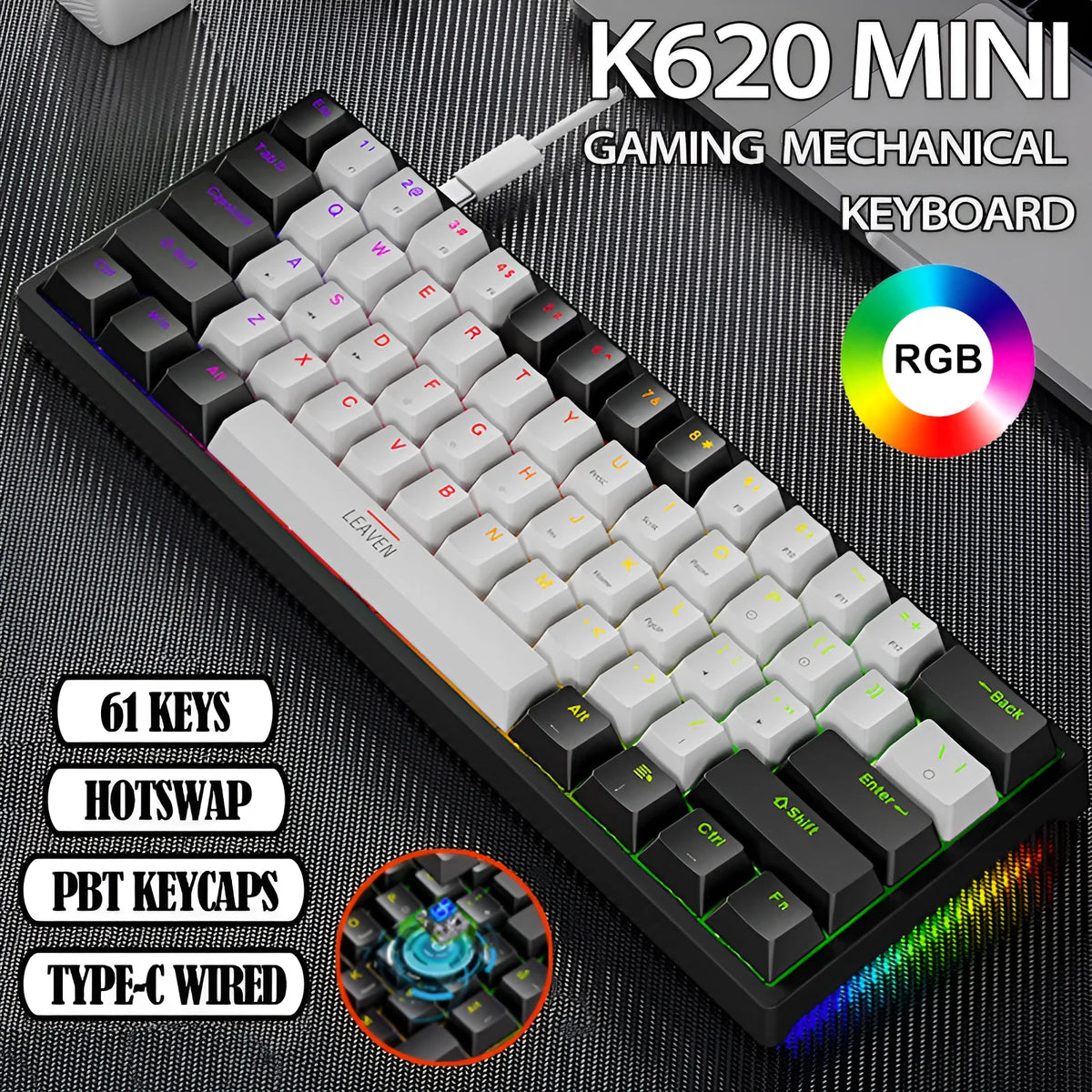 61-key mechanical keyboard, Type-C wired, seven-colour backlight, ABS body, 300x110x36mm, black blue pink white