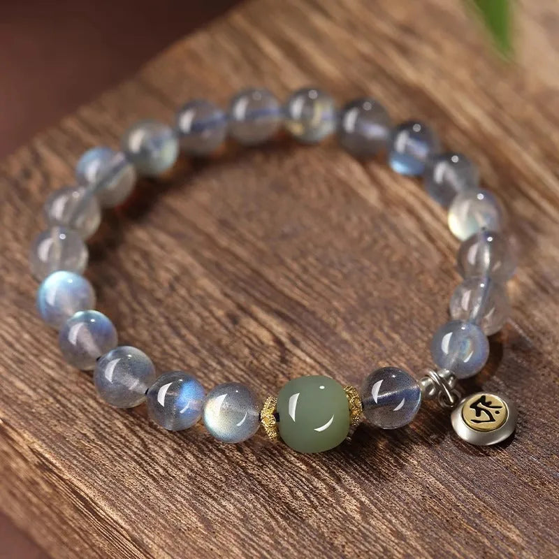 Birth Buddha Beads bracelet with 8mm moonstone crystal beads featuring Thousand-Hand Kwan-yin mouse zodiac modelling
