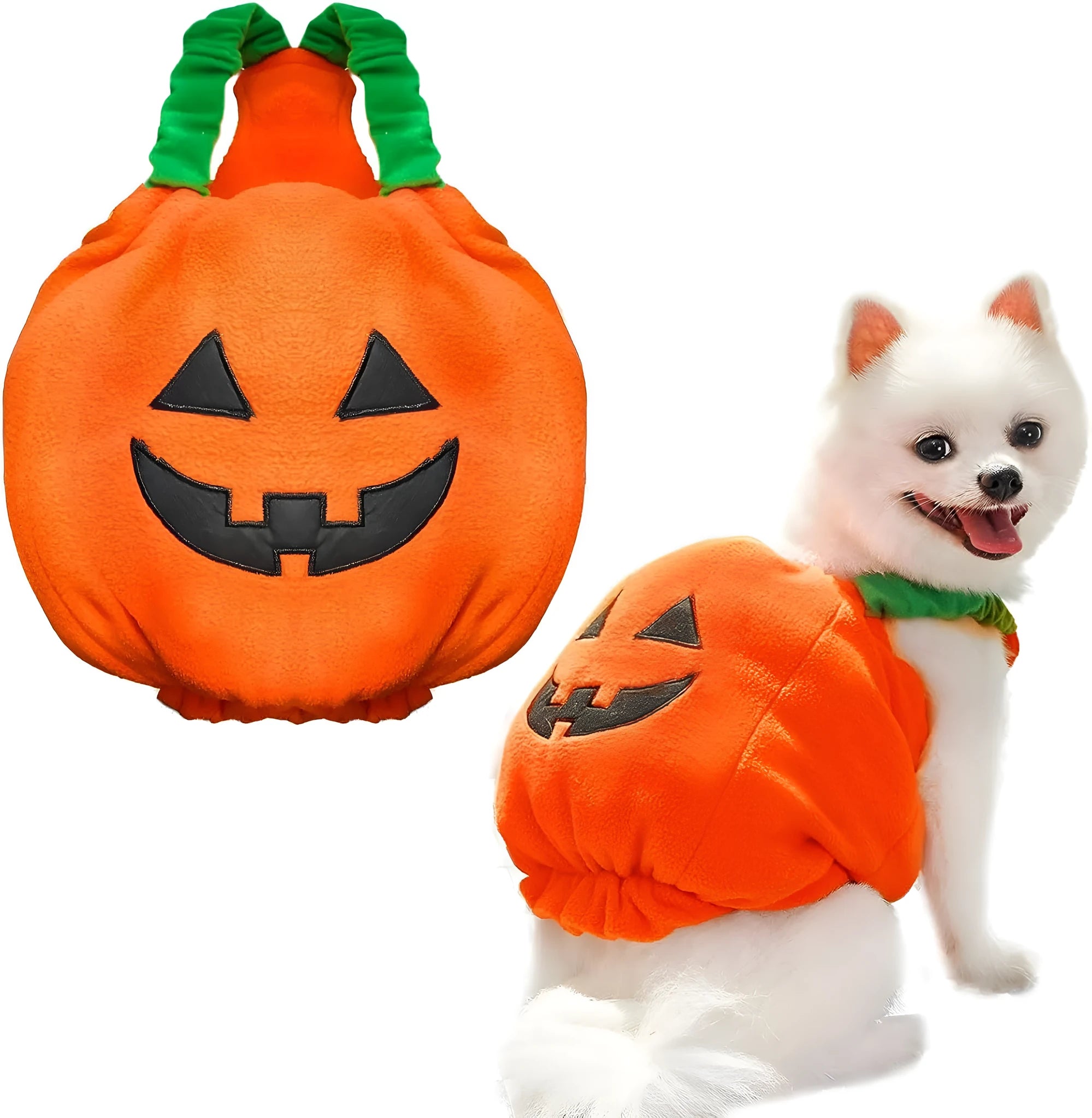 Orange pumpkin plush Halloween costume on a small dog, showing pullover design and soft texture.