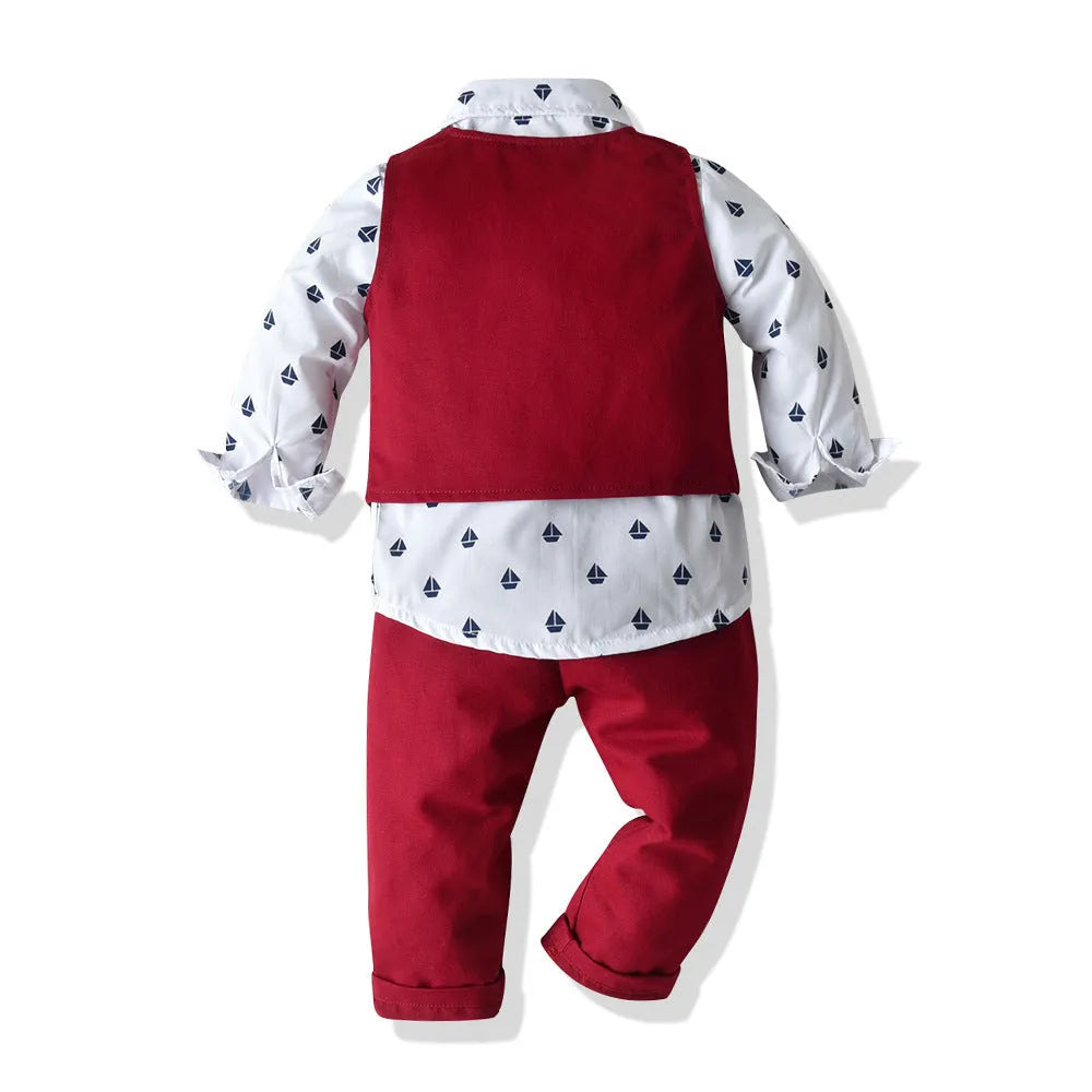 Boys red cotton long-sleeved shirt vest and trousers three-piece suit set for children