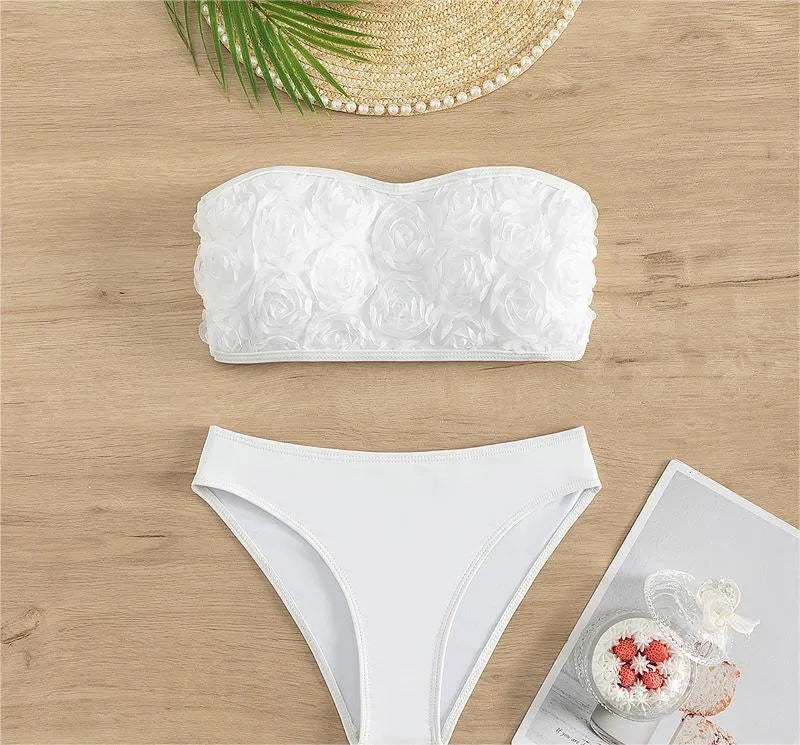 White women's tube top high waist bikini swimsuit set made from nylon and polyester