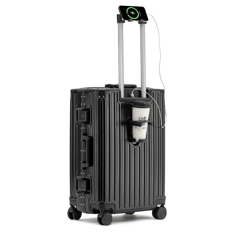 Aluminium frame trolley suitcase in avocado green with multi-functional pockets and USB port.