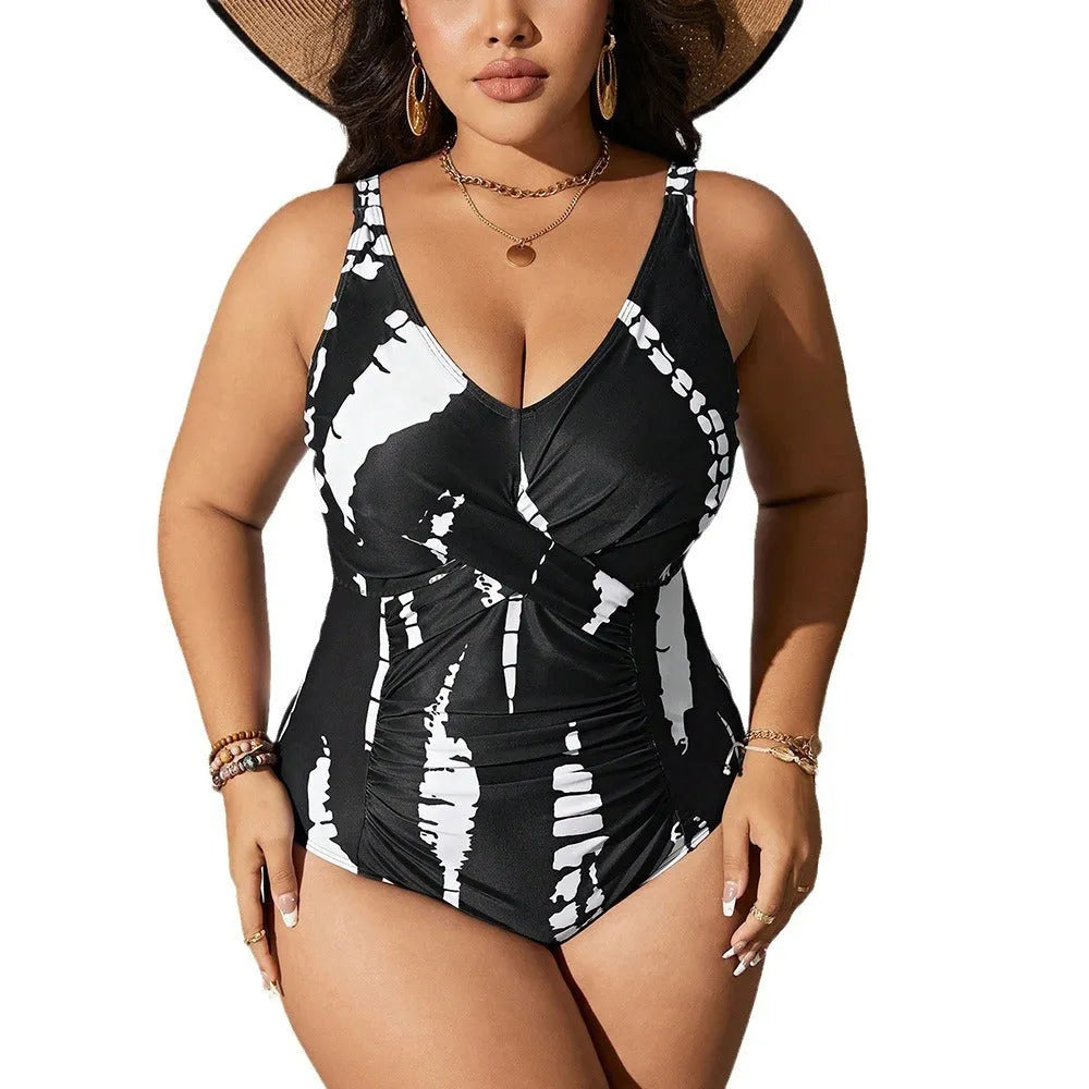 Black Siamese colour matching fit one-piece swimsuit for women on a size chart.