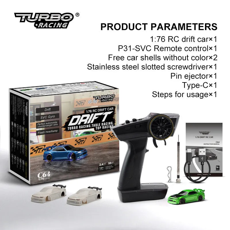 Blue Turbo Racing C64 gyro drift RC car with proportional remote control on a track