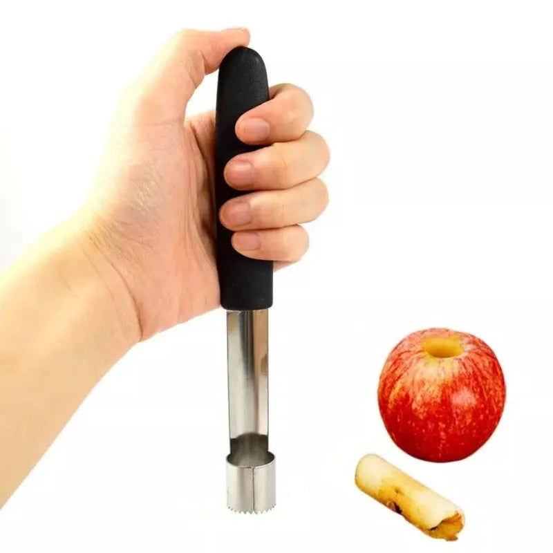 Stainless steel fruit corer with 178mm length and 20mm diameter on a light background