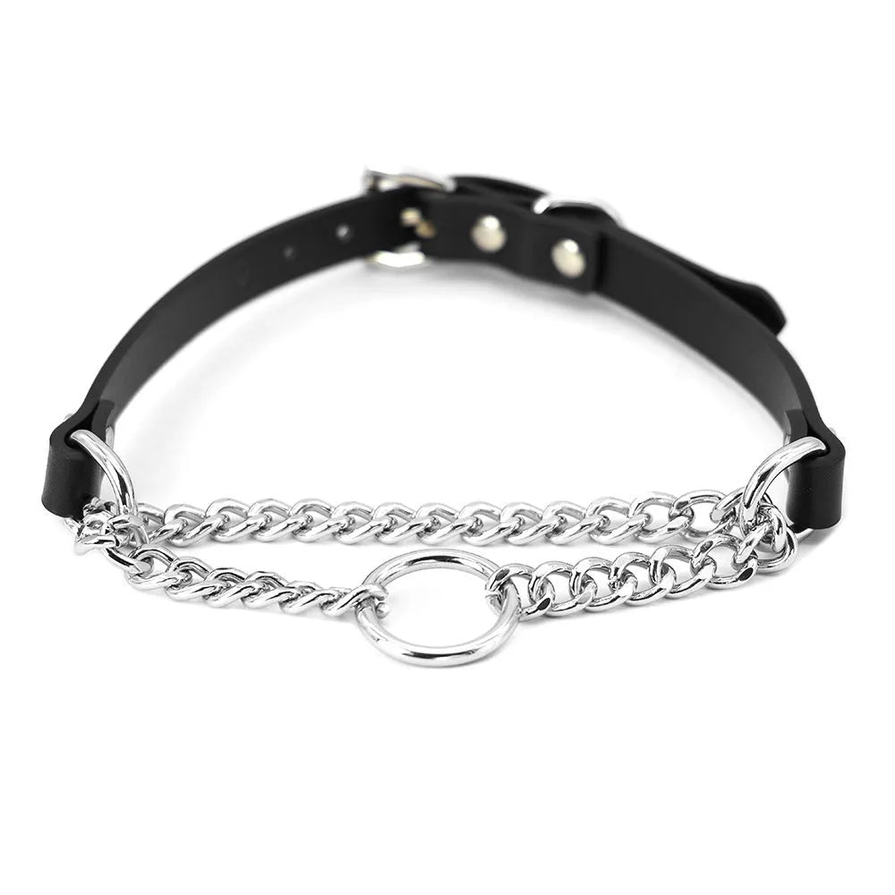 Black cowhide leather collar and matching leash bondage set