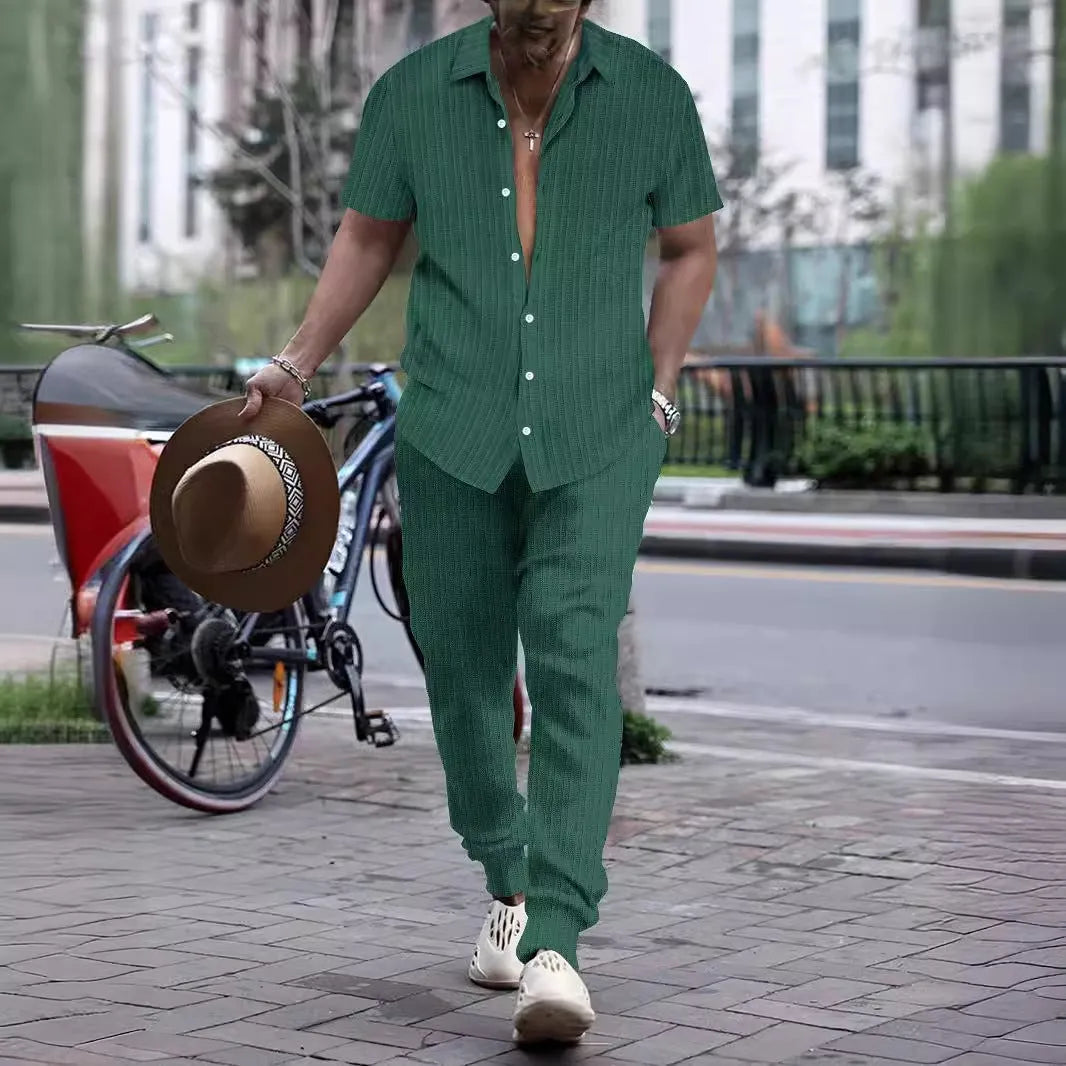 Men's casual loose fit short sleeve shirt and trousers beach suit set in cotton blend, multiple colours
