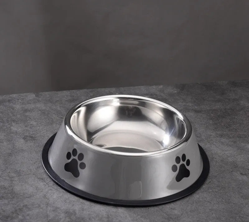 Printed non-slip stainless steel pet bowl for dogs and cats, size 22cm, in gray colour