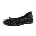 Women's black satin Mary Jane pump with height increasing insole, rhinestones, buckle, and square toe