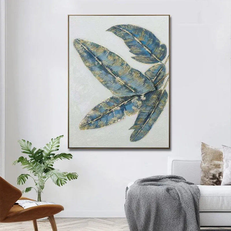 Hand-painted abstract green and golden banana leaves canvas wall art, rolled and frameless, on a white background