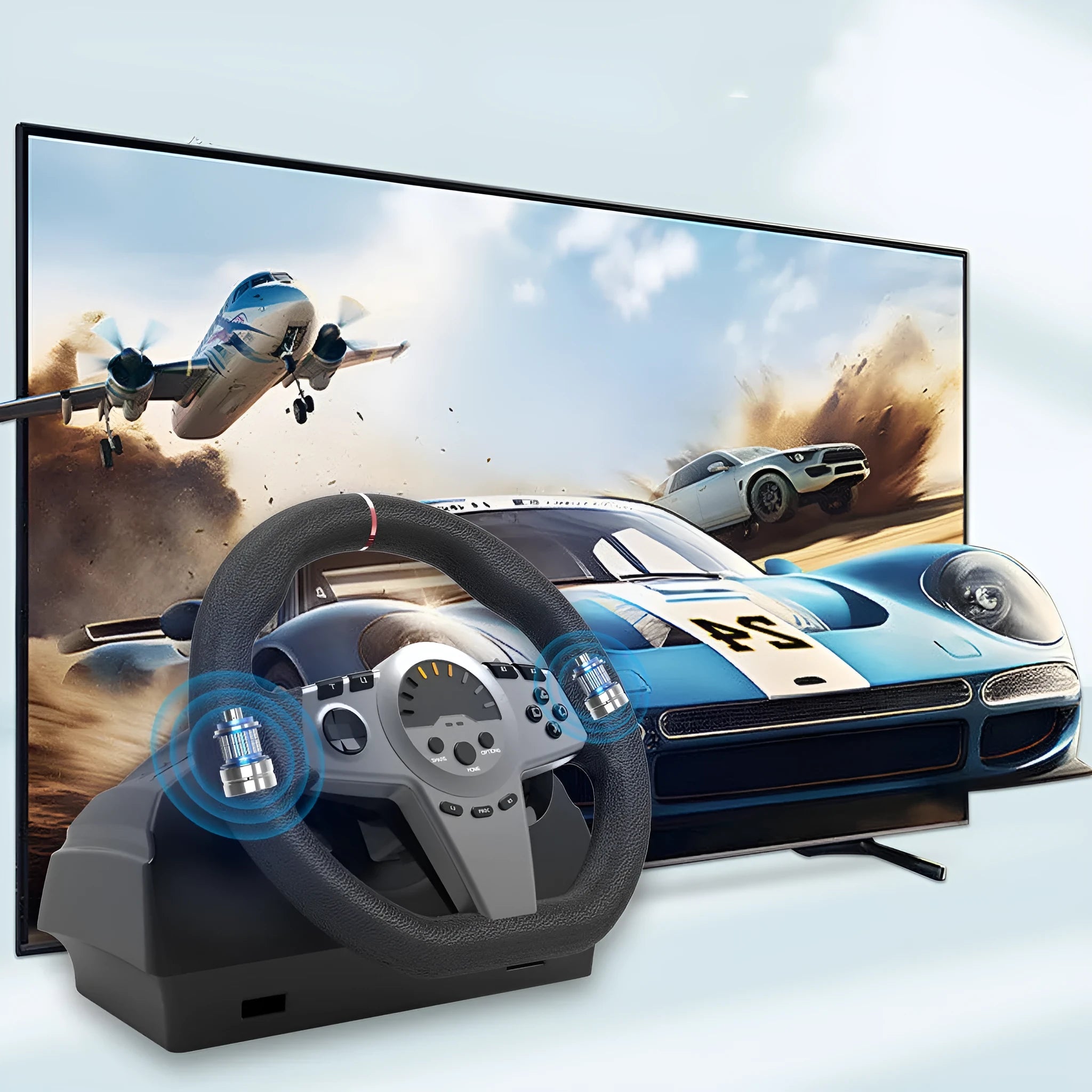 Black USB racing wheel game controller with two pedals and vibration feedback for multi-platform gaming