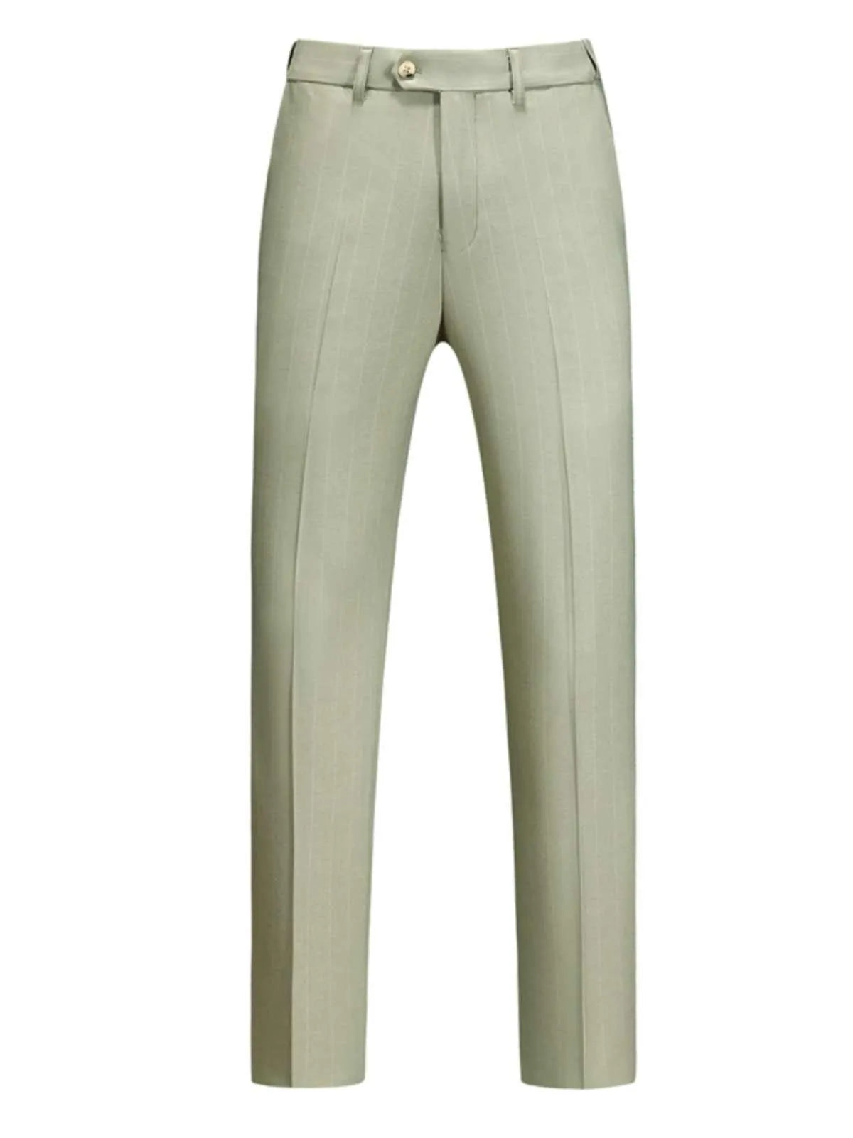 Men's light green 3-piece formal suit set with jacket, vest, and trousers, polyester viscose blend, flat collar