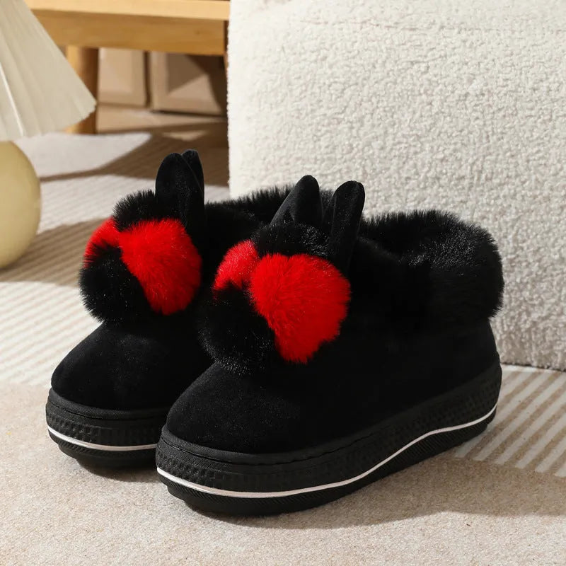 Black, purple, and grey high-heel cotton slippers with thick TPR sole and plush upper