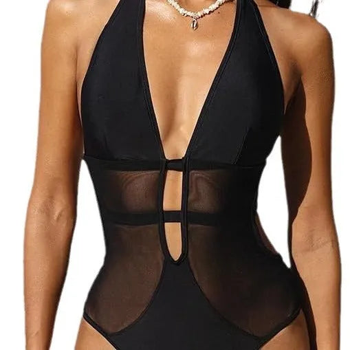 Black women's V-neck mesh one-piece swimsuit with hanging neck detailing