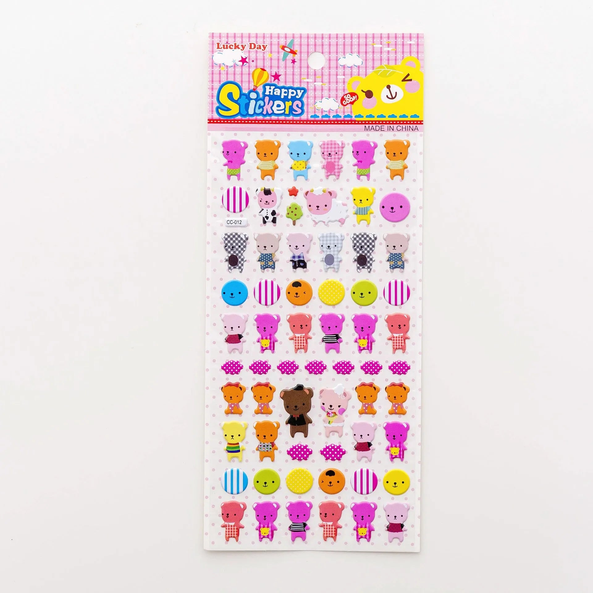 Pack of colourful 3D bubble stickers showing raised cartoon designs of an alpaca, cat, dinosaur, and sweetheart motifs.