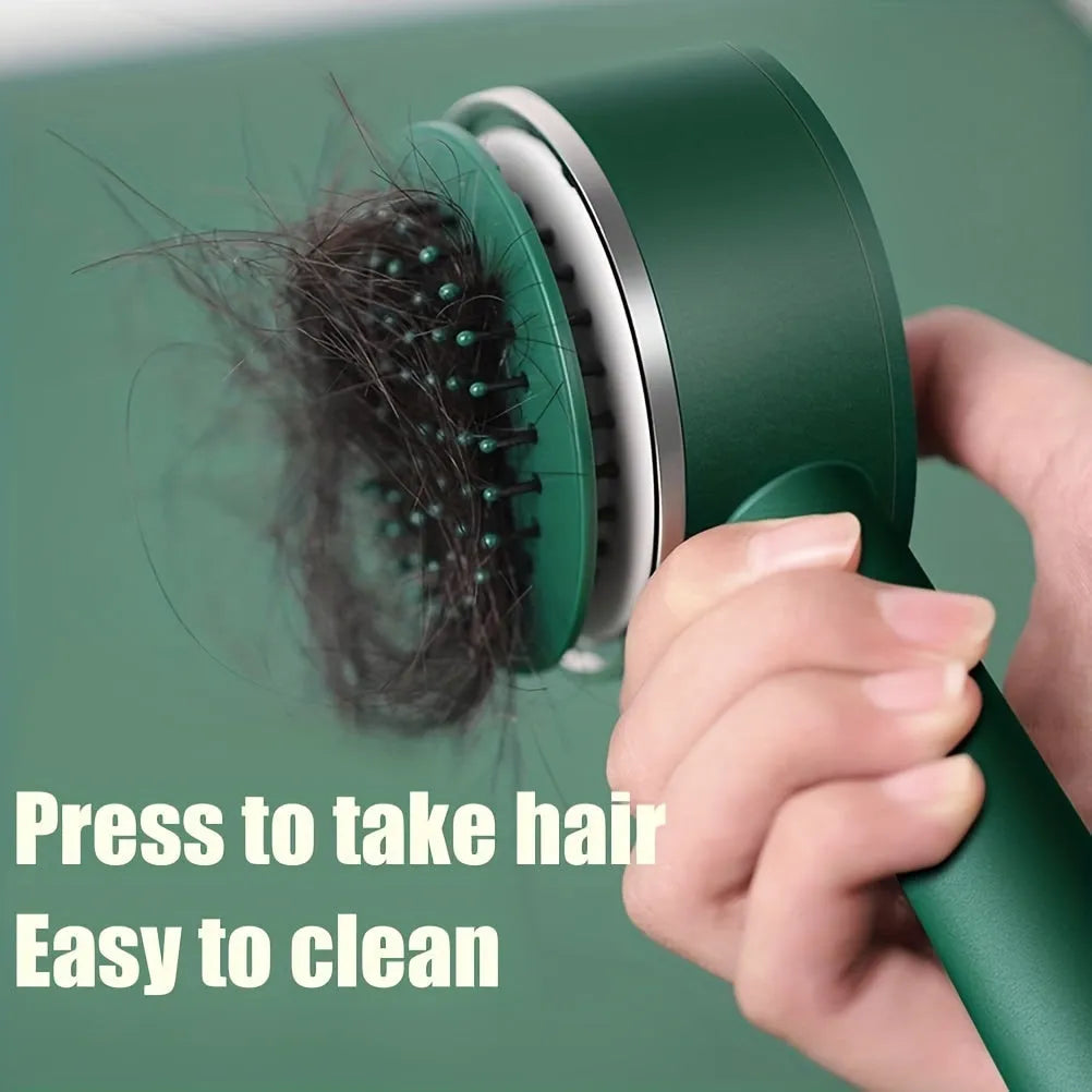 One-key self-cleaning hair brush with 3D air cushion, non-slip handle, and massage tips in green colour
