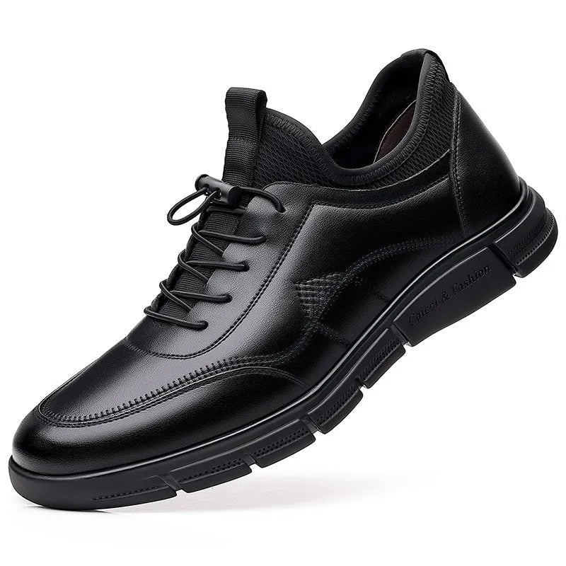 Black men's casual slip-on shoes with leather stitching and square low heel on non-slip rubber sole