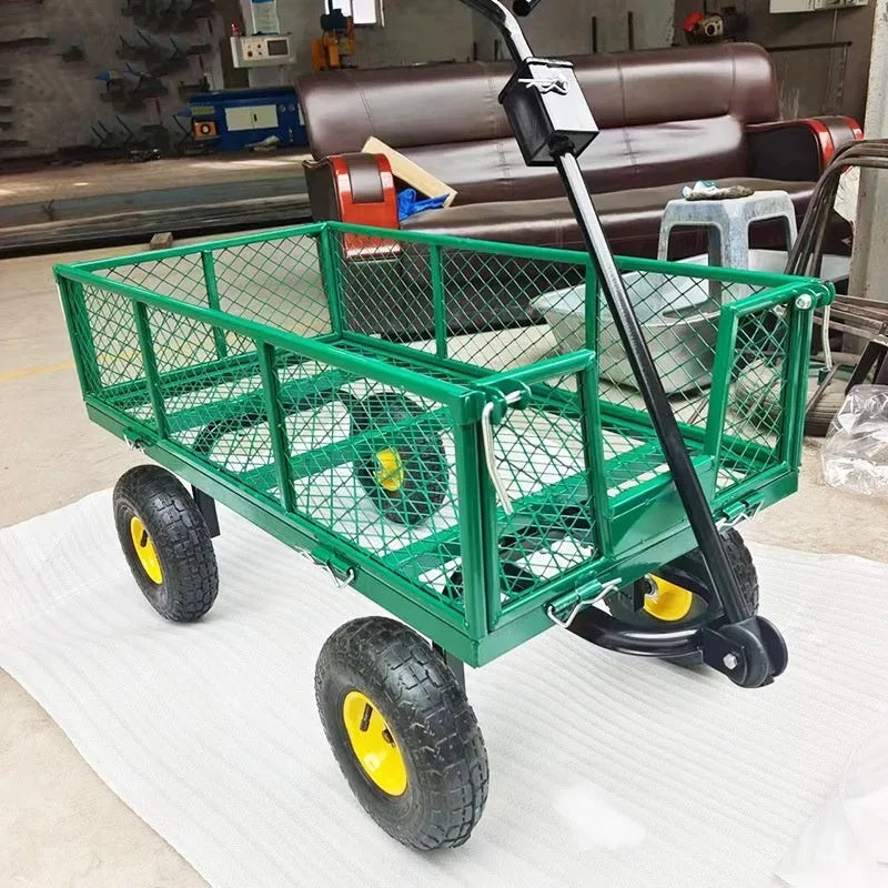 Green four wheel hand push net cart with iron frame and terrain rubber wheels, 350kg capacity