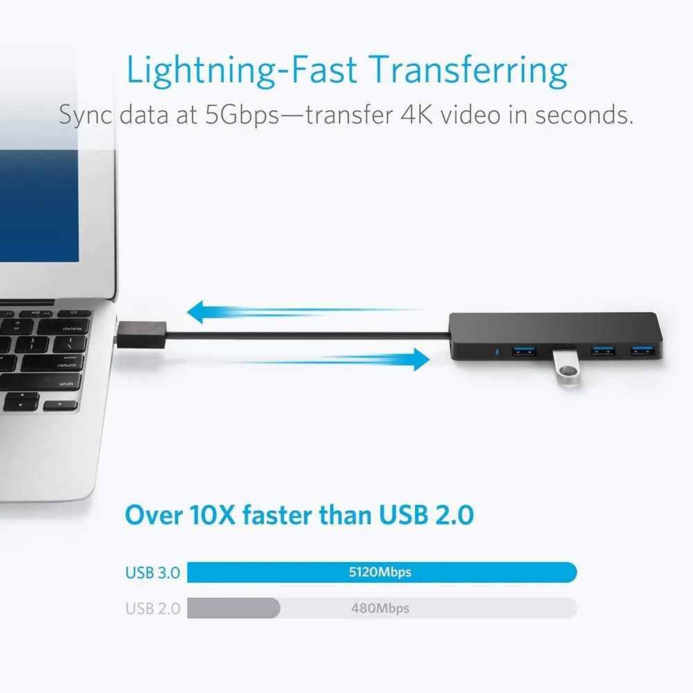 USB 3.0 hub with 4 ports, LED indicators, and 30cm connecting cable for laptop and desktop computers