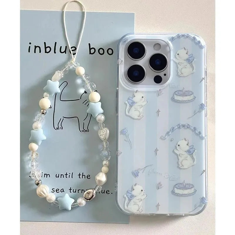 Blue and white striped PC cat lanyard phone case for Apple iPhone 11-16 series with fall protection