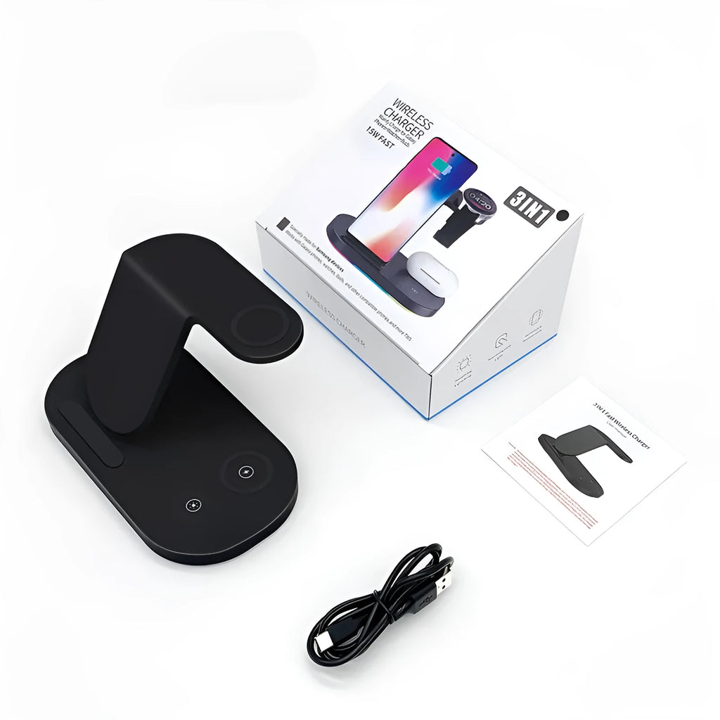 White three-in-one wireless charging stand holding an iPhone, an Apple Watch, and AirPods case.