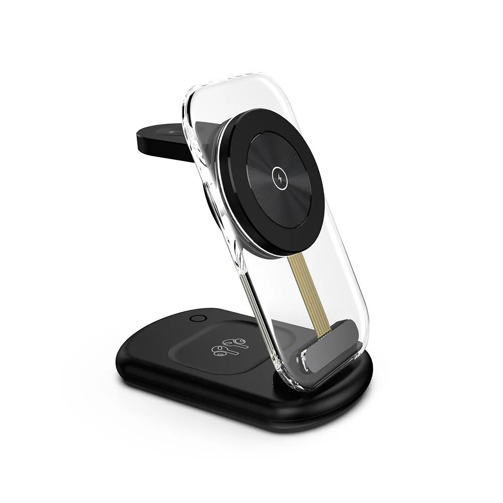 Transparent foldable 3-in-1 wireless charger showing magnetic pad, Qi coil, and closed portable form.