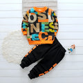 Children's cotton cartoon two-piece suit with pullover sweater and trousers in green and orange