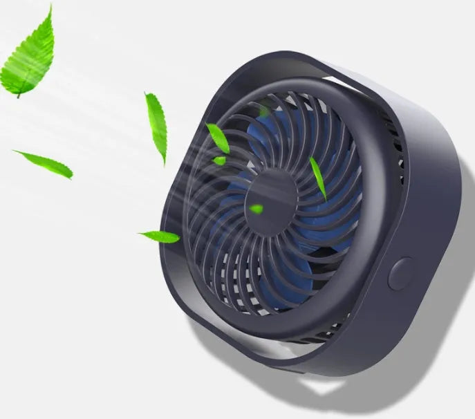 USB desk fan with 360-degree rotation in alarm clock style on a desk