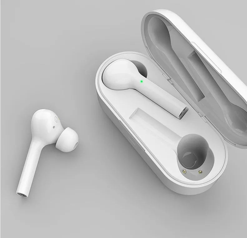 Black and white wireless touch-control earbuds with charging case