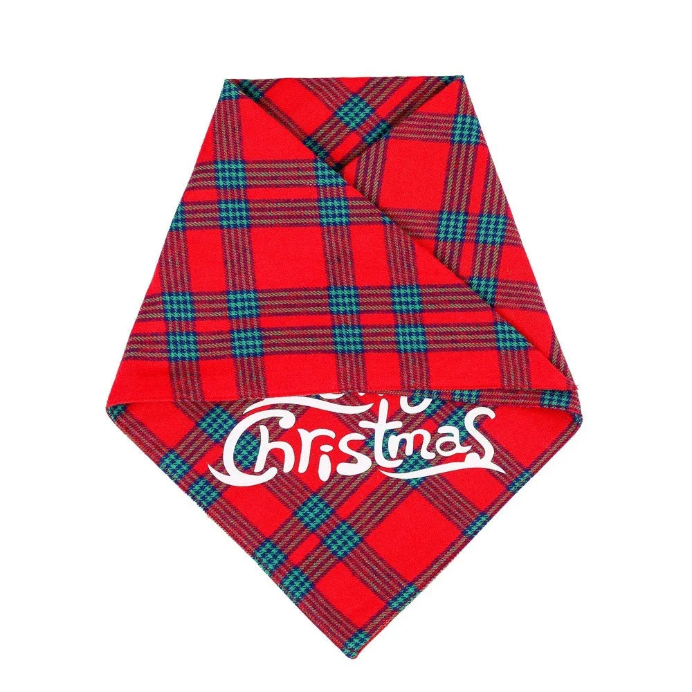 Red and black plaid Christmas pet towel on a dog, pure cotton scarf bib