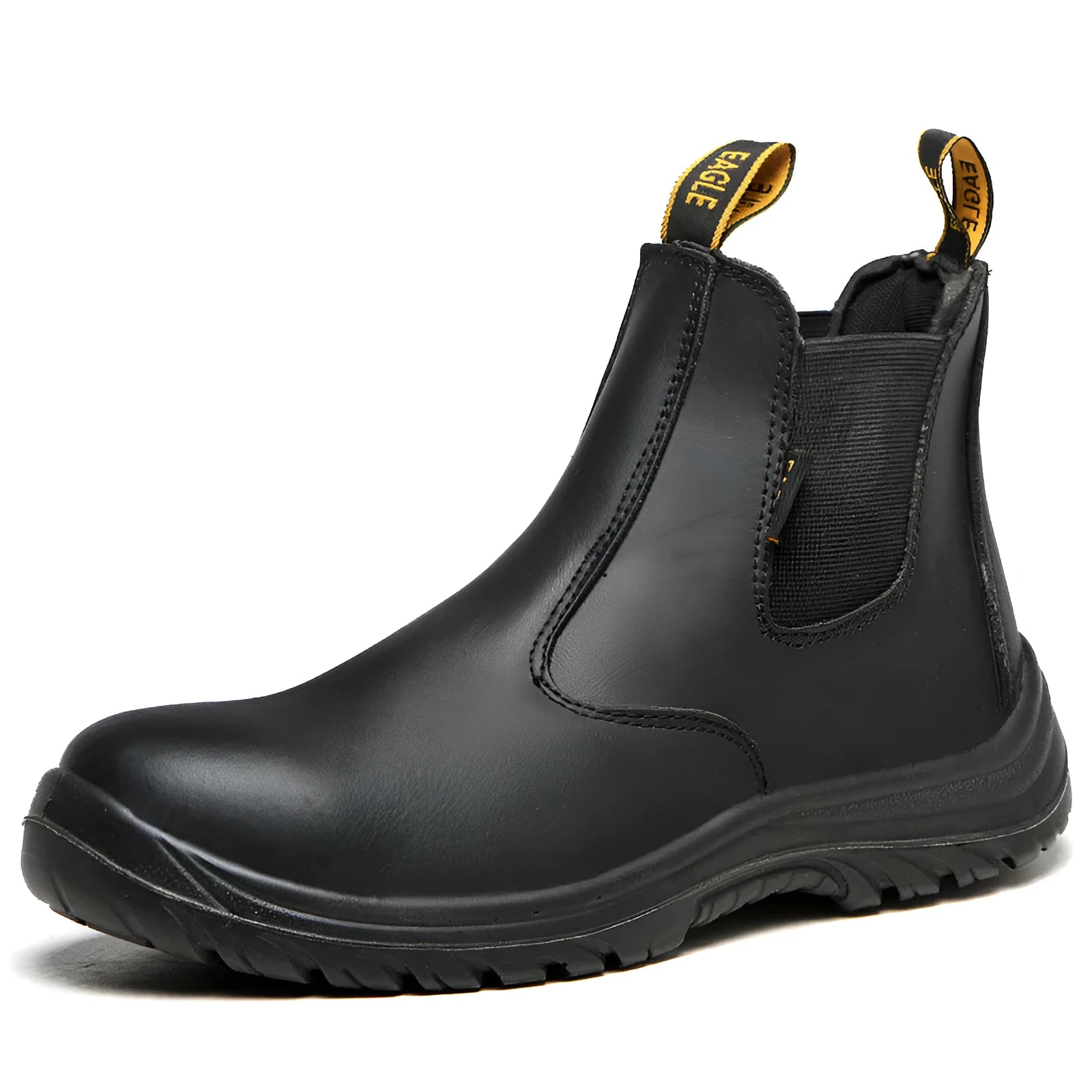 Black leather high-top safety work boots with anti-piercing sole on a work site background.