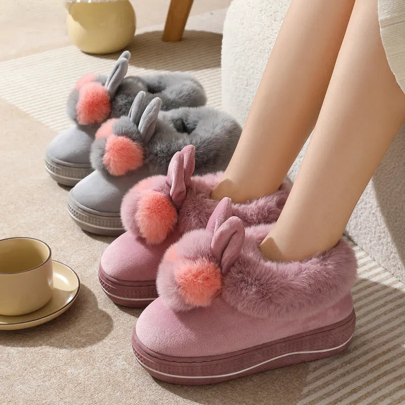 Black, purple, and grey high-heel cotton slippers with thick TPR sole and plush upper