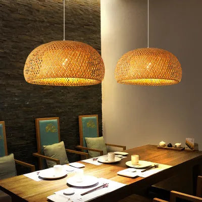 Brown woven bamboo chandelier with natural bamboo shade, 180 by 300 mm, E27 pendant light