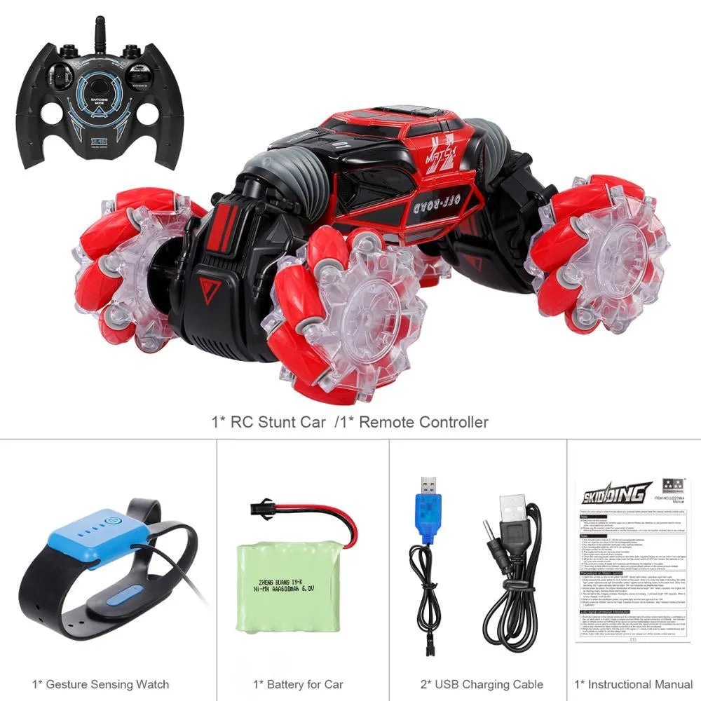 Red remote control stunt car with gesture control, morphing off-road tyres, lights, and music, measuring 32 cm long