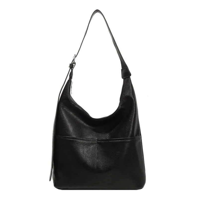 Women's large-capacity soft PVC shoulder bag bucket shape with stitching in beige white colour