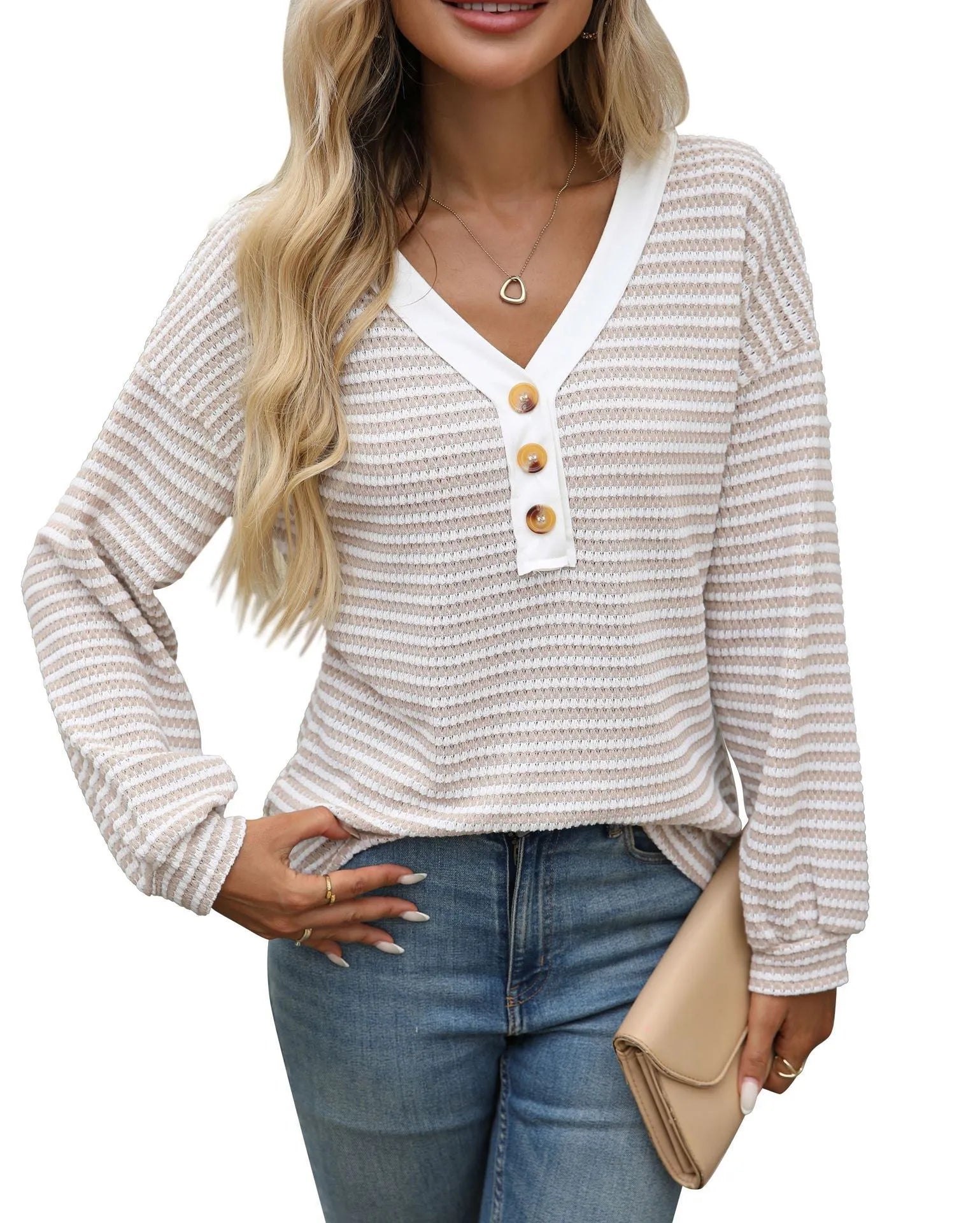 Women's loose fit V-neck pullover top with patchwork design on the front, in a wine red colour.